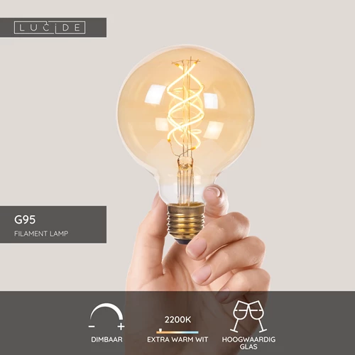 Lucide G95 - Filament lamp - Ø 9,5 cm - LED 3 StepDim (Memory) - E27 - 1x4,9W 2200K - Amber - USP